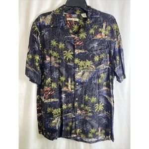 Back Bay Button Down Shirt Mens XL Black Tropical‎ Island Rayon Excellent Aloha